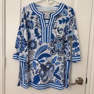 Gretchen Scott | Blue & White Floral Print Cotton Tunic | Size Large